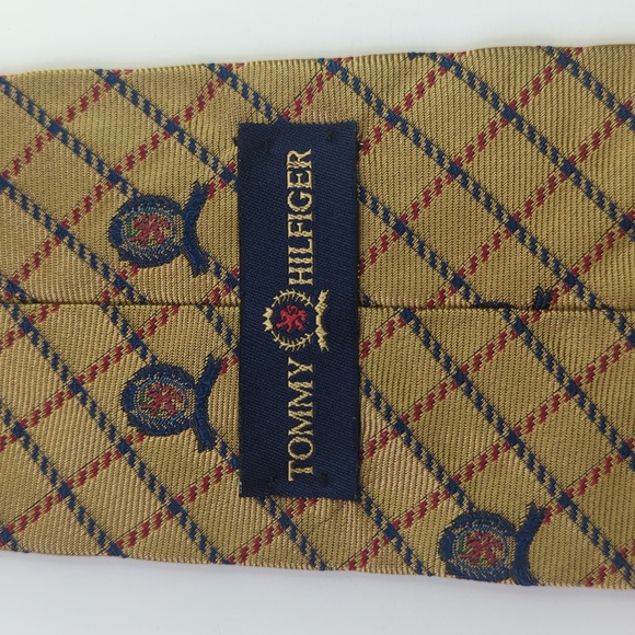 Tommy Hilfiger 90's Vintage Preppy Plaid Scattered Crest Logo Silk Neck Tie Tan - Picture 8 of 10